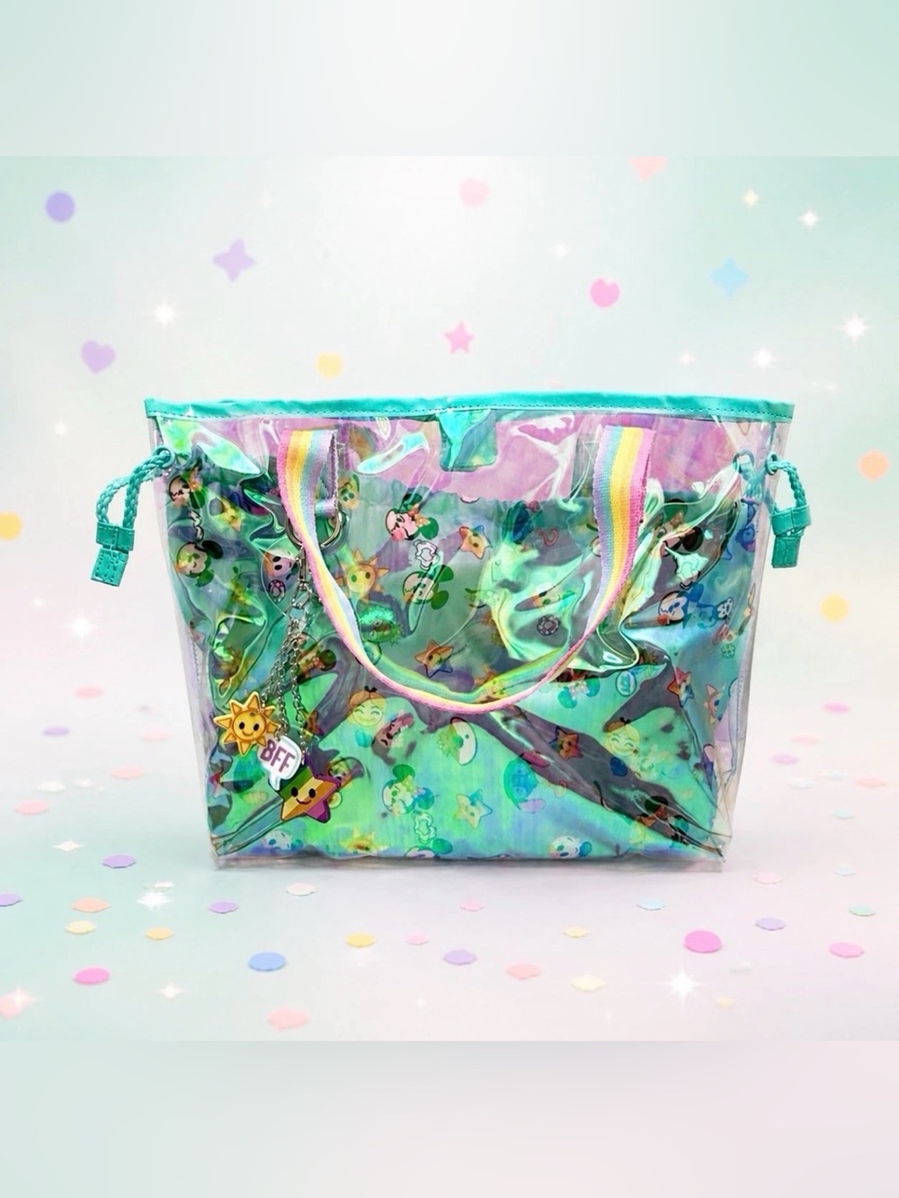 Disney BFF Iridescent Clear Tote Bag w/ Characters, Rainbow Strap & Keychain